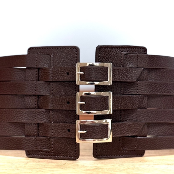 Vaincourt Brown Leather Multi Buckle Multi Strap Wide Waist Belt - Picture 12 of 13